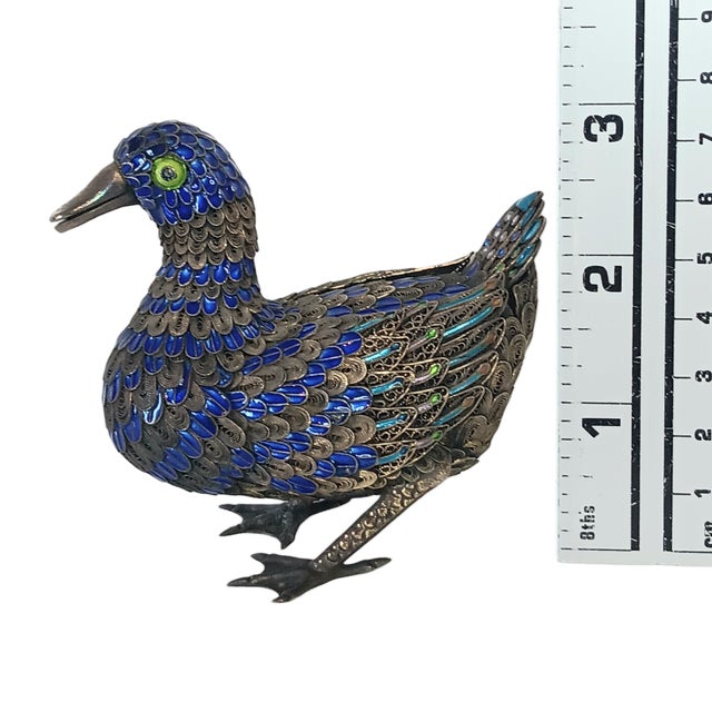 Vintage Filigree Enamel Duck Bird Figurine Sterling Silver Beak and Feet Blue & Gold With Green Eyes For Sale - Image 15 of 16