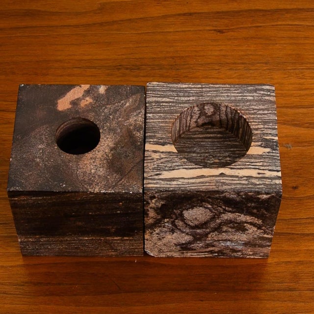 20th Mid Century Modern Art Cubed Marble Candleholders Veins Pair of Two For Sale - Image 10 of 12