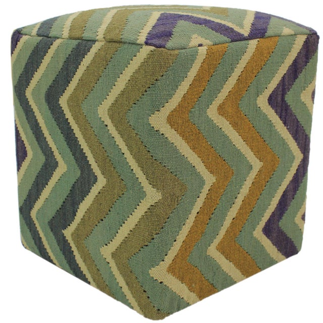 Shabby Chic Grey/Ivory Handmade Kilim Upholstered Ottoman For Sale In New York - Image 6 of 9