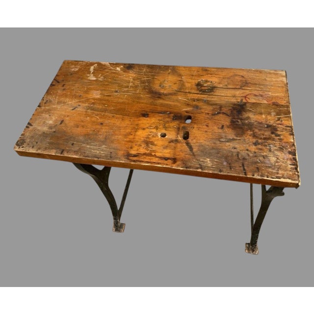 Vintage Antique Industrial Saltzman Chicago Cast Iron Table With Wooden Top For Sale - Image 6 of 9