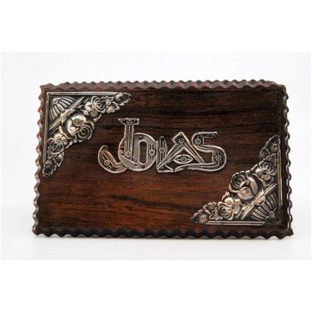 Silver Wooden Jewelry Box with Silver Applications on the Lid and the Words Jewels. For Sale - Image 8 of 10