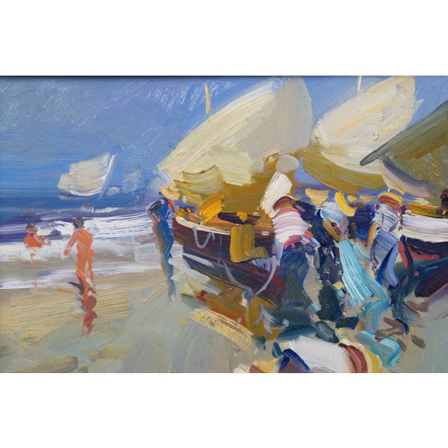 Late 20th Century Ventura Diaz Impressionist Fisherman Beach Scene Oil Painting on Board 31" For Sale - Image 5 of 9