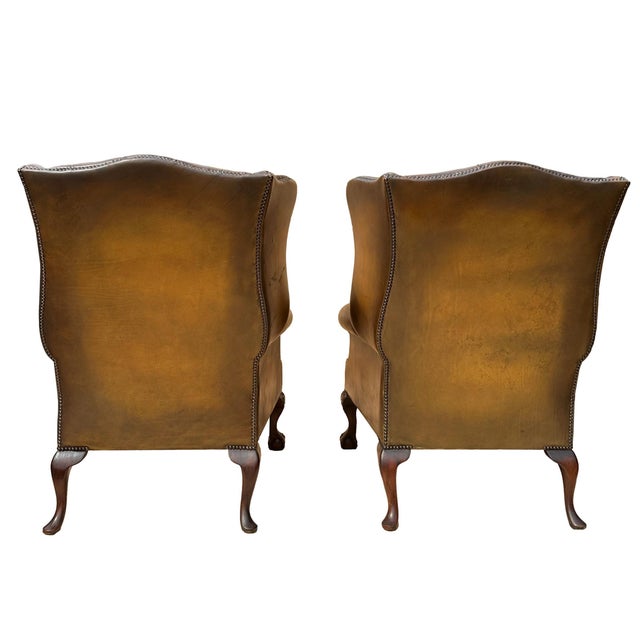 Pair of Leather Wing Back Tufted Chairs on Ball & Claw Feet, English, Ca. 1920. For Sale - Image 4 of 7
