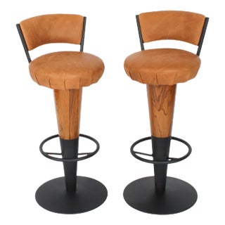 Antique Art Deco Walnut and Tan Leather Bar Stools, 20th Century, Set of 2 For Sale