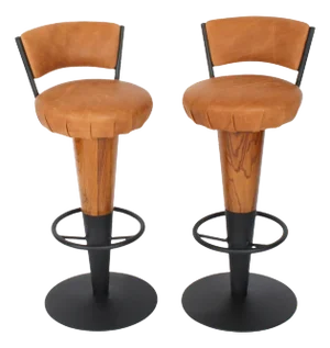 Antique Art Deco Walnut and Tan Leather Bar Stools, 20th Century, Set of 2