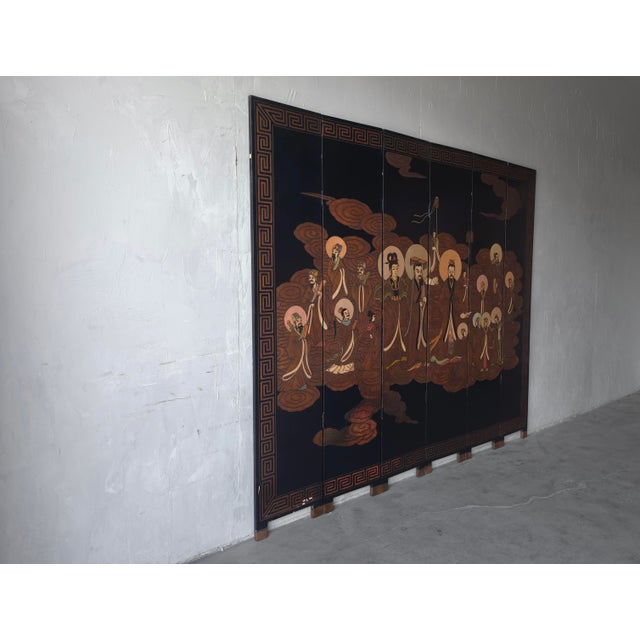 7ft Hand Painted Six Panel Chinese Coromandel Screen Divider For Sale - Image 4 of 14