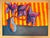 An original painting of abstract blue and purple flowers set on a background of orange and yellow by Austin, TX artist...