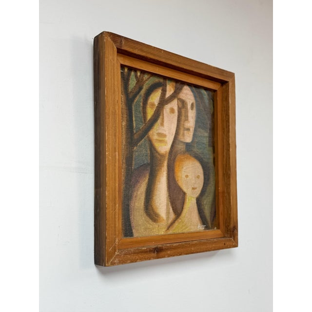 This striking vintage brutalist figurative oil painting on board, signed "Simon 1970," is a boldly conceived and genuinely...
