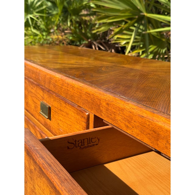 Vintage Stanley Furniture Mid-Century Modern Oak Lowboy Dresser With Brass Hardware For Sale In Tampa - Image 6 of 9
