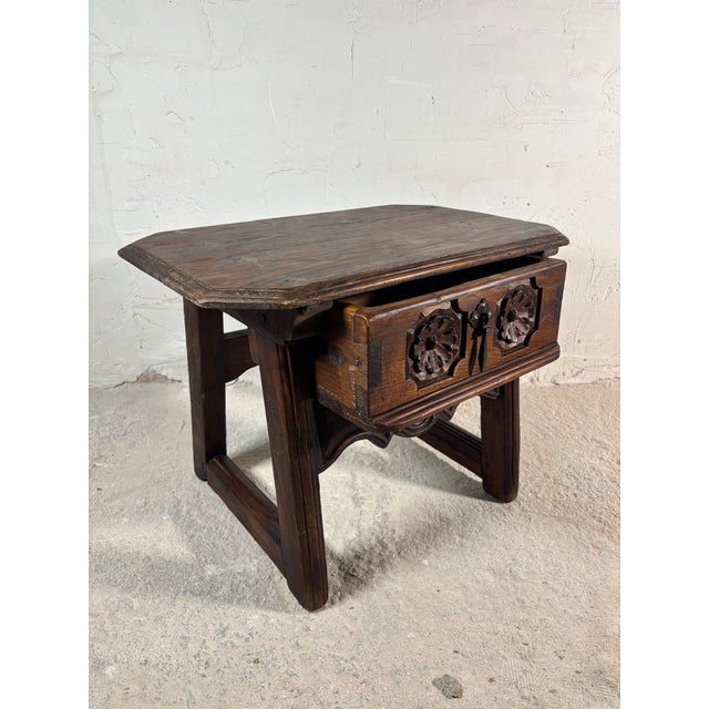 Wood Spanish Castilian Carved Wood Side Table with Iron Hardware, 1910 For Sale - Image 7 of 15