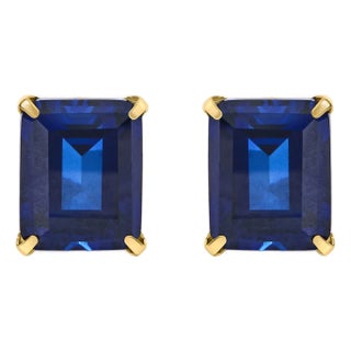 18K Yellow Gold 10x8 MM Lab Created Blue Sapphire Emerald Cut Solitaire Stud Earrings, Pair For Sale