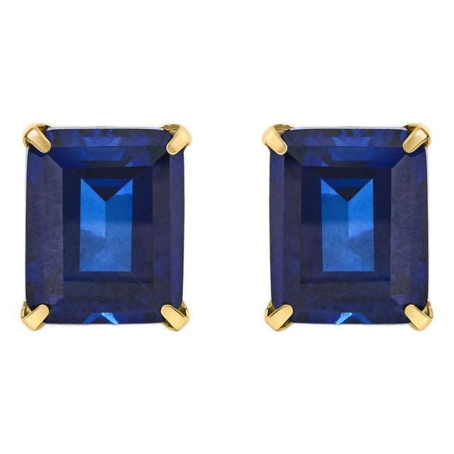 18K Yellow Gold 10x8 MM Lab Created Blue Sapphire Emerald Cut Solitaire Stud Earrings, Pair For Sale