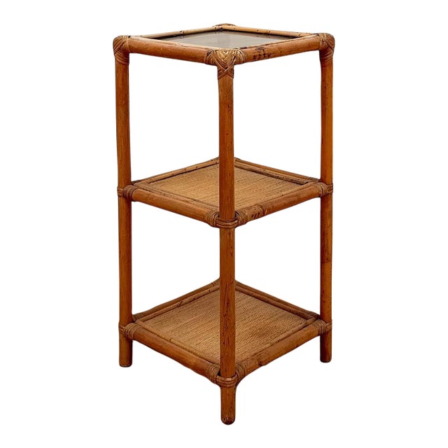 Vintage Woven Rattan Shelf Table Glass Top Coastal Boho Accent Hollywood Regency For Sale