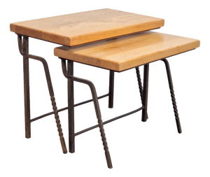 Brutalist Cast Iron and Oak Nesting Tables, 1970s, Set of 2