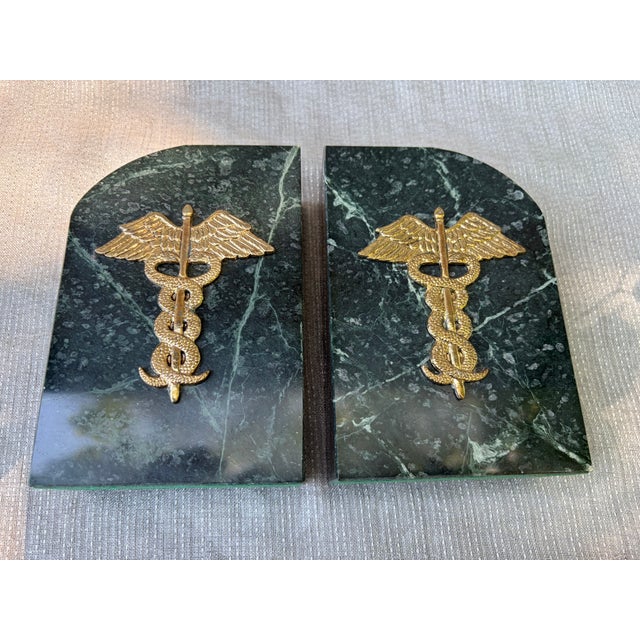 Vintage Medical Caduceus Green Italian Marble Heavy Bookends a Pair For Sale In New York - Image 6 of 16