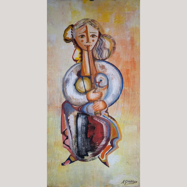 Alejandro Giner Marco, Woman with Flute, 1980s, Oil on Board For Sale - Image 8 of 8