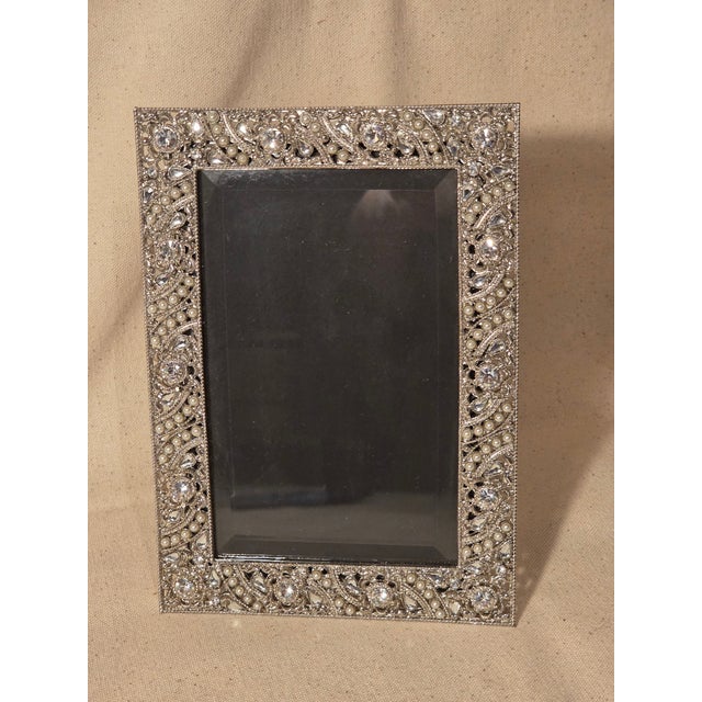 1990s Olivia Reigal Silvertone Rhinestone Picture Frame With Beveled Glass For Sale - Image 5 of 12