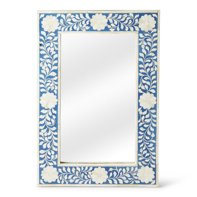 Spritely Home Accent Furniture Vivienne 16 in. W x 24 in. H Rectangular Bone Inlay Horizontal or Vertical Hanging Accent Wall Mirror, Blue and White Bone For Sale - Image 4 of 4