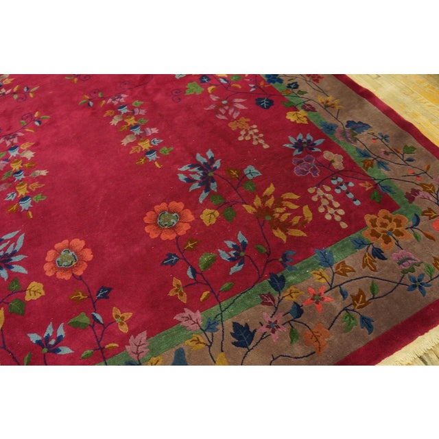 1920s Ruby Red Floral Vase Antique Chinese Art Deco Carpet 9' X 11'9" Knotted Wool Rug For Sale In New York - Image 6 of 12