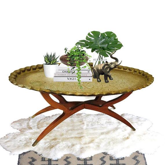 Mid Century Modern Oval Brass Tea Tray Table 40" Moroccan ...