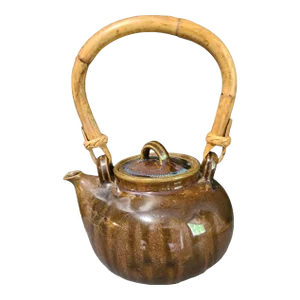 Mid 20th Century Vintage Arts & Crafts Glazed Stoneware Earthenware Bamboo Handle Strain Insert Tea Pot, Signed