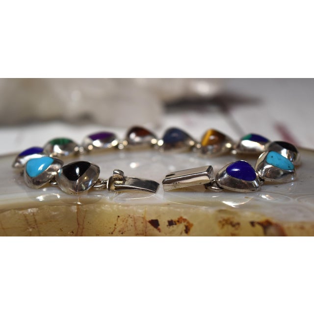 Silver Vintage Mexican 950 Sterling Silver Multi Gemstone Tennis Bracelet For Sale - Image 8 of 17