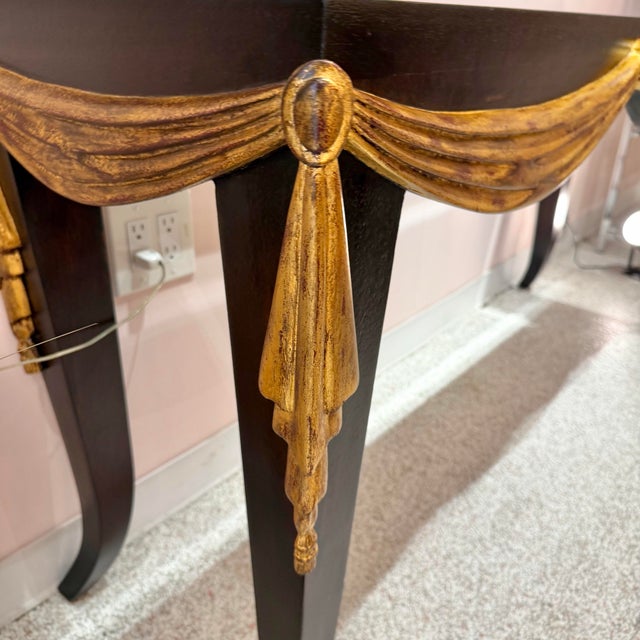 Brown Vintage Dark Wood Console Table With Gold Gilt Draped Valance Detail For Sale - Image 8 of 11