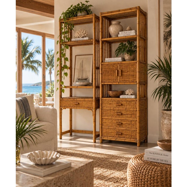 Beautiful pair of vintage coastal étagères crafted from natural rattan and bamboo with woven wicker surfaces. The pair...
