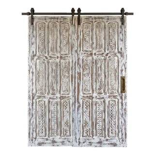 Vintage Whitewashed Carved Wood Sliding Barn Door – Ornate Architectural Statement 102 For Sale
