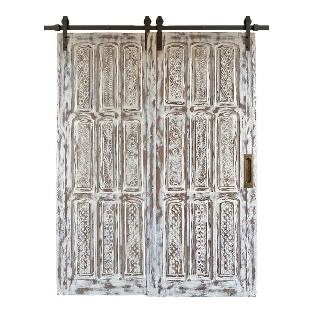 Vintage Whitewashed Carved Wood Sliding Barn Door – Ornate Architectural Statement 102 For Sale