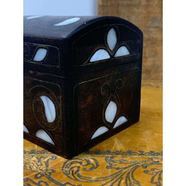 Boho Chic Late 20th Century Vintage Mother-Of-Pearl & Brass Inlaid Walnut Box With Dome Top From Turkey For Sale - Image 3 of 5