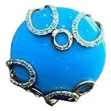 Round Blue Teal Turquoise Diamond Swirl Scroll 14k Yellow Gold Cocktail Ring, Size 3 For Sale