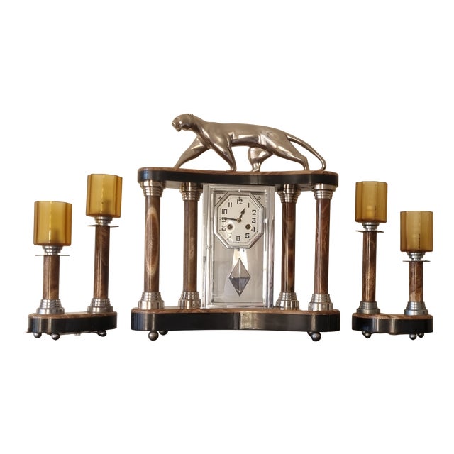 Art Deco Cubist Clock with Bronze Panther and Lamps from Decoux, 1930s, Set of 3 For Sale