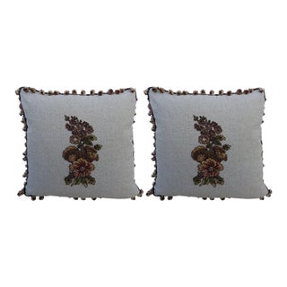 Metallic & Chenille Floral Appliqued Linen Pillows, a Pair For Sale