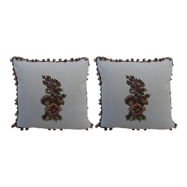 Metallic & Chenille Floral Appliqued Linen Pillows, a Pair For Sale