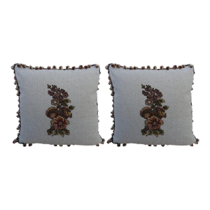 Metallic & Chenille Floral Appliqued Linen Pillows, a Pair