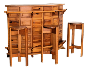 Brutalist Bar and Bar Stools in Pine, 1970s, Set of 4