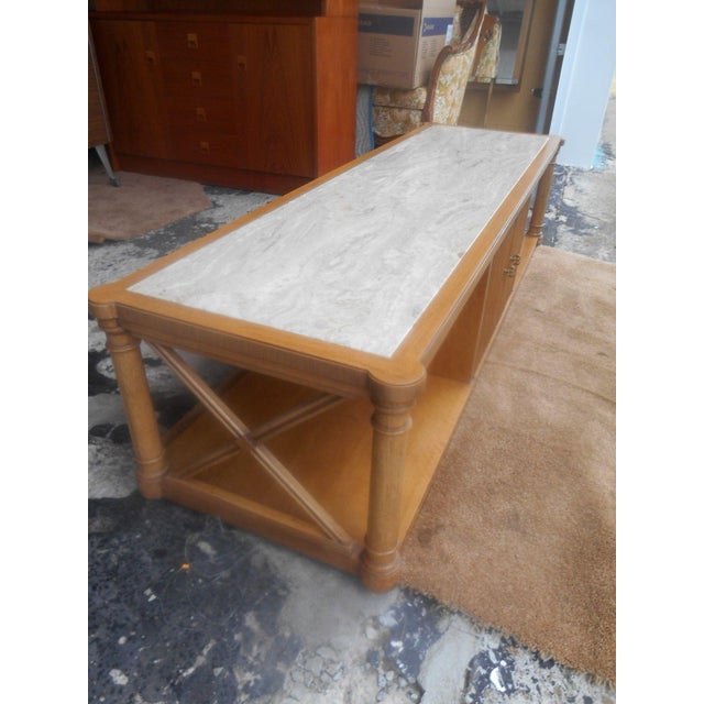 MidCentury Pecan and Marble Top XL NeoClassical Coffee Table by