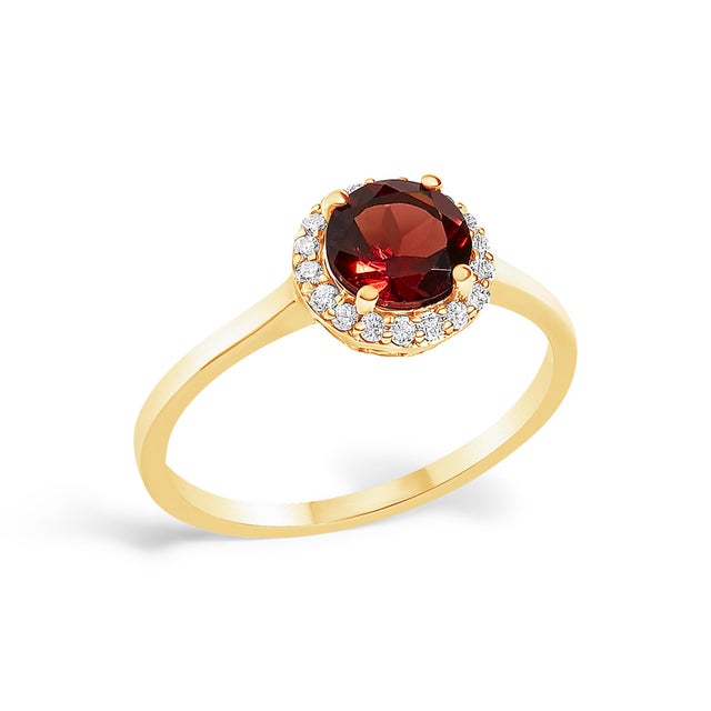 Contemporary 10K Yellow Gold Red Garnet and 1/10 Cttw Diamond Halo Ring For Sale - Image 3 of 7