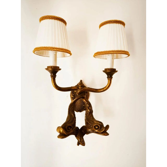 Bronze Wall Lights with Fish and Silk Lampshades For Sale - Image 6 of 10