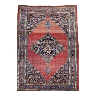 19th Century Persian Bidjar Rug, Hand-Knotted Wool, Geometric Pattern, Red & French Blue, 8x12 For Sale