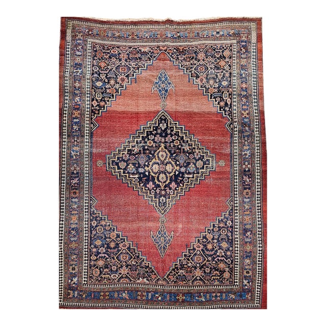 19th Century Persian Bidjar Rug, Hand-Knotted Wool, Geometric Pattern, Red & French Blue, 8x12 For Sale