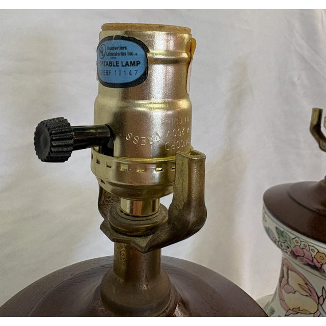 Vintage Ceramic Vase Lamps With Elegant Floral Design on Wood Plinths- A Pair For Sale - Image 10 of 15