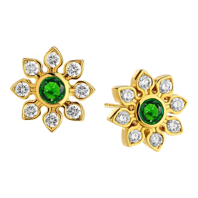 Syna Yellow Gold Emerald and Diamond Earrings, a Pair For Sale