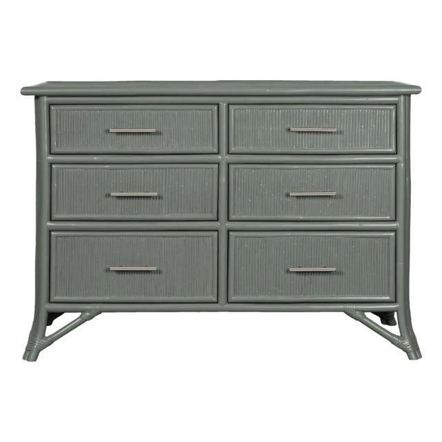 Pencil Rattan Six-Drawer Dresser, Evergreen For Sale