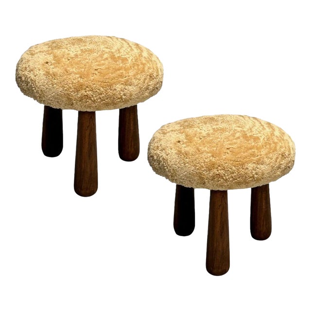 Contemporary, Danish Modern, Sheepskin Stools, Honey Shearling, Maple For Sale