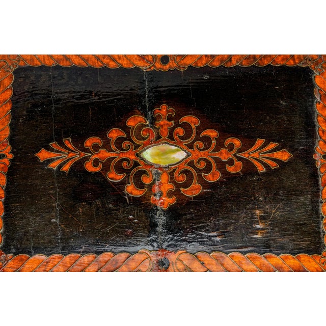 Victorian Beautiful Antique Victorian Lacquered Music Box Case Decorative Inlaid Wooden Box W/ Key European Home Decor For Sale - Image 3 of 18