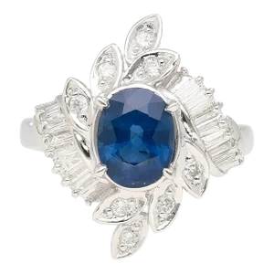 Natural 1.52 Carat Oval Blue Sapphire and Diamond Platinum Floral Ring