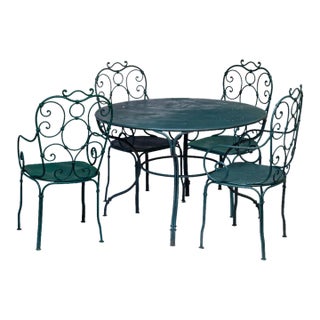 Antique Garden Table & Chairs, Set of 5 in Dark Green Patio For Sale