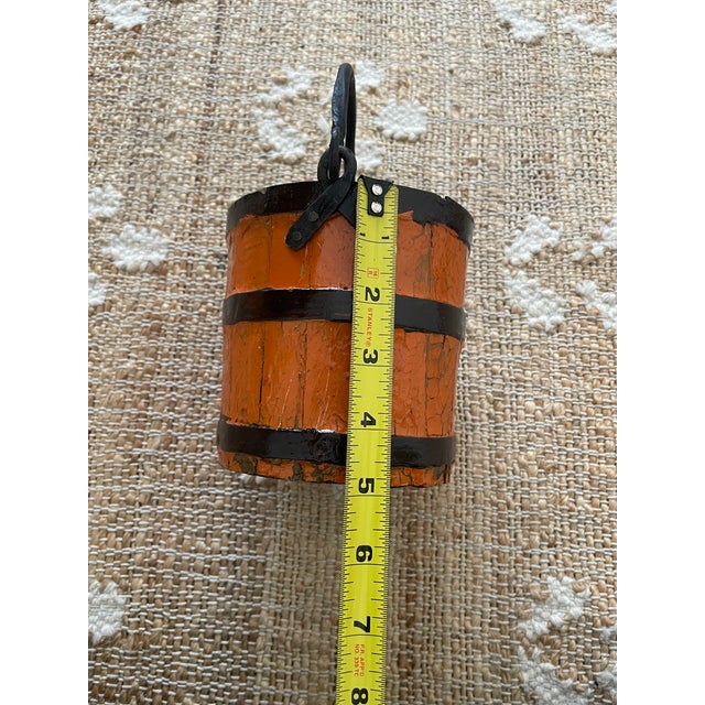 Antique Primitive Wooden Forged Iron Rice Berry Bucket Orange For Sale In Chicago - Image 6 of 9